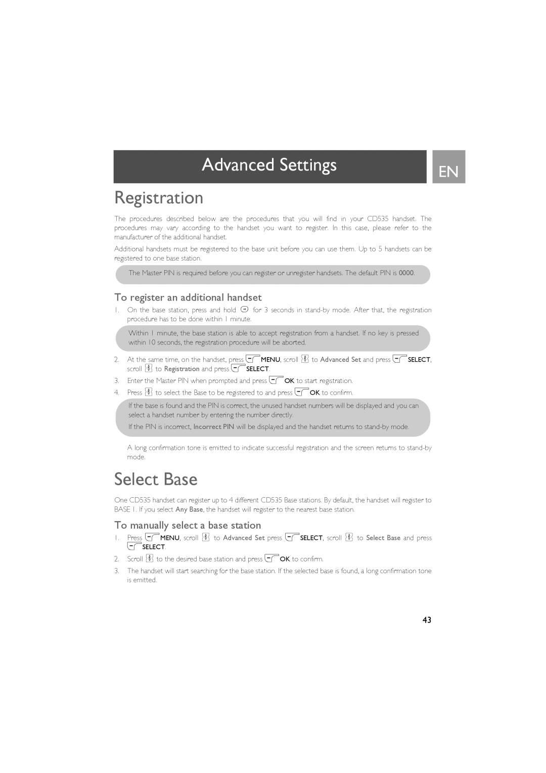 Philips CD535 Registration, Select Base, To register an additional handset, To manually select a base station 