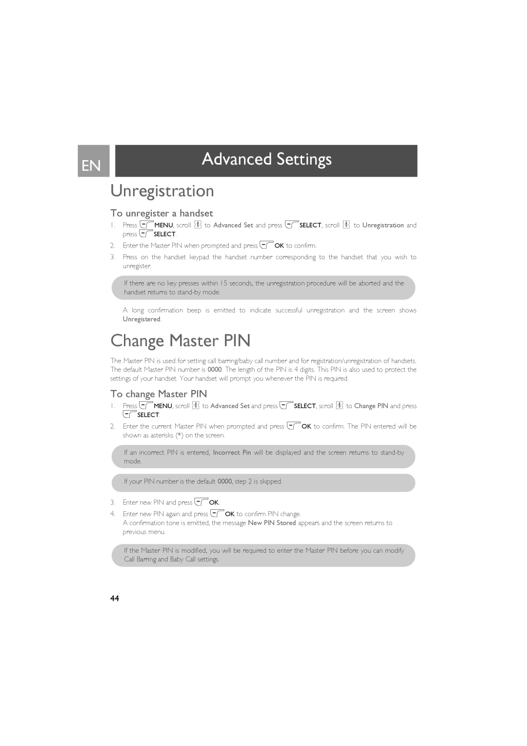 Philips CD535 manual Unregistration, Change Master PIN, To unregister a handset, To change Master PIN 