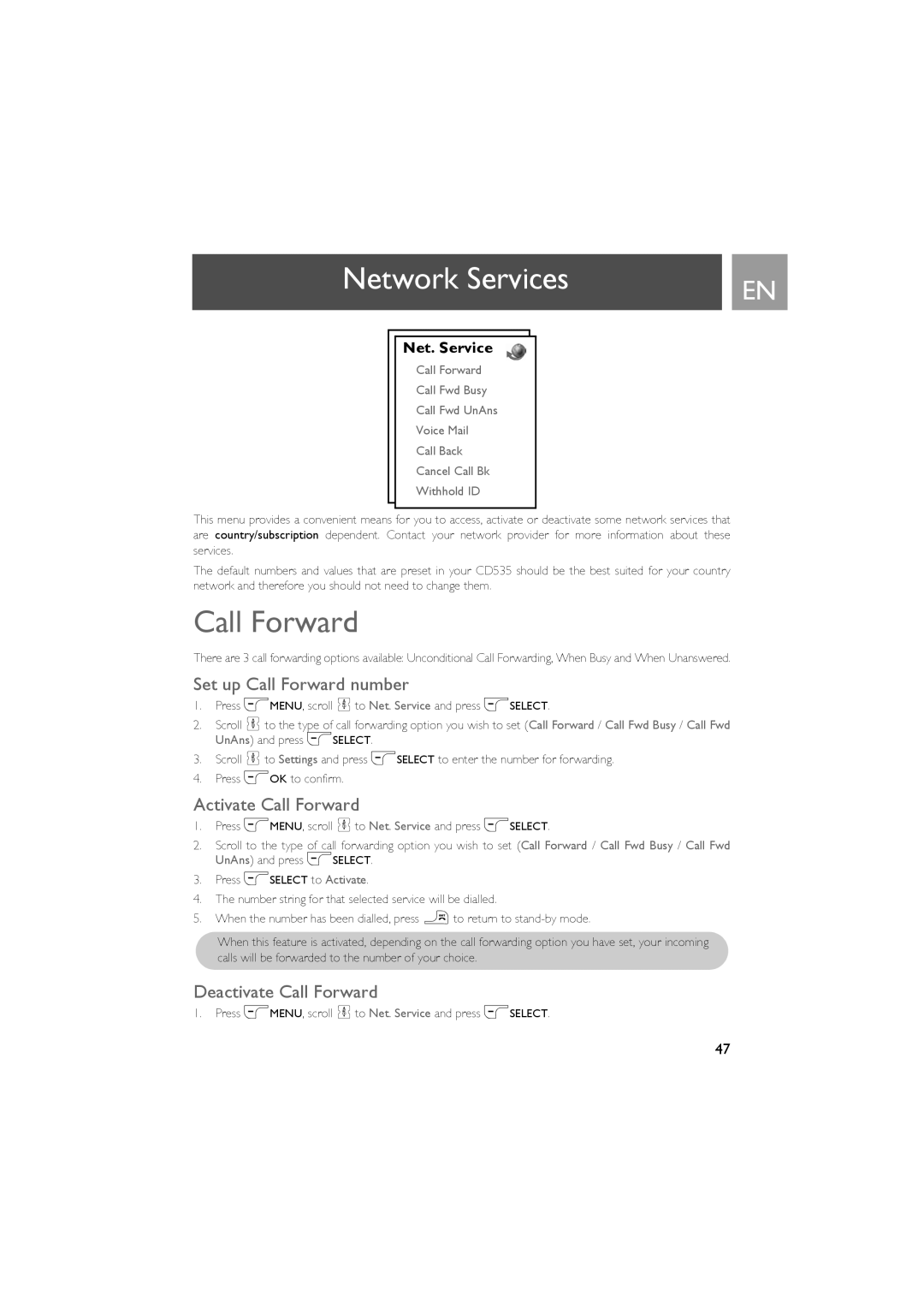 Philips CD535 manual Network Services, Set up Call Forward number, Activate Call Forward, Deactivate Call Forward 