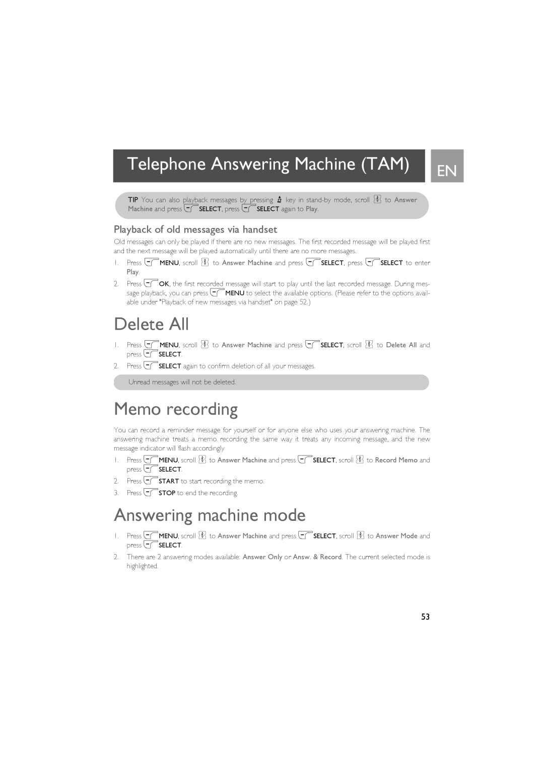 Philips CD535 manual Delete All, Memo recording, Answering machine mode, Playback of old messages via handset 