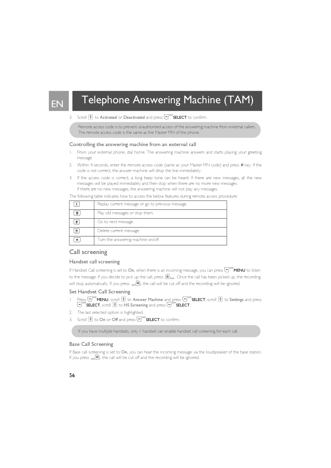 Philips CD535 manual Call screening, Controlling the answering machine from an external call, Handset call screening 