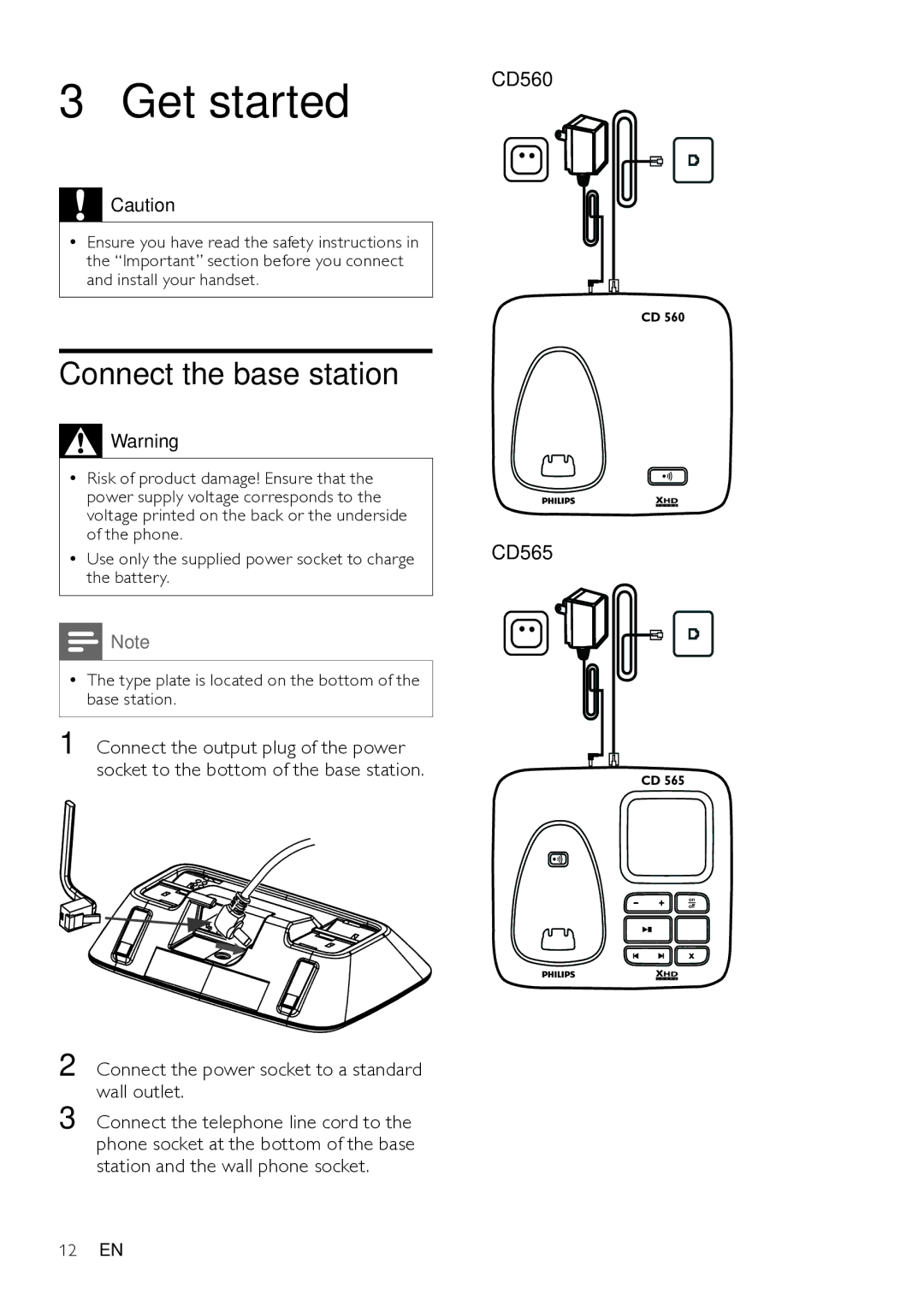 Philips Get started, Connect the base station, Connect the power socket to a standard wall outlet, CD560 CD565 