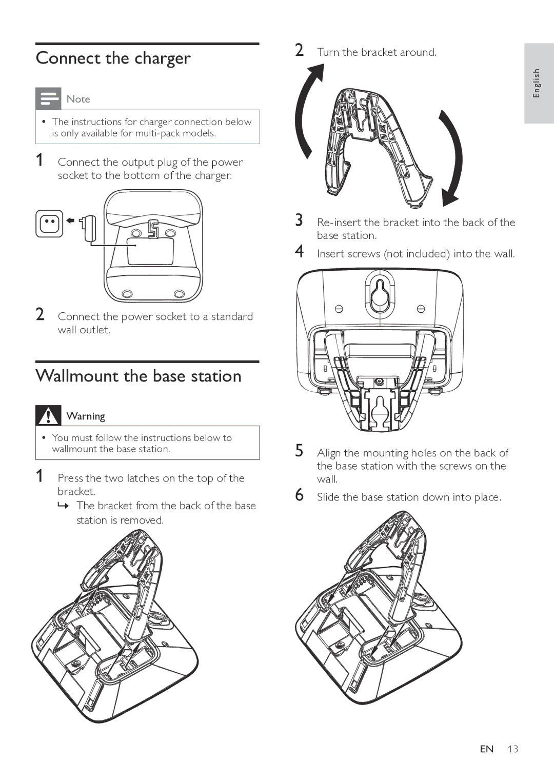 Philips CD565, CD560 user manual Connect the charger, Wallmount the base station 