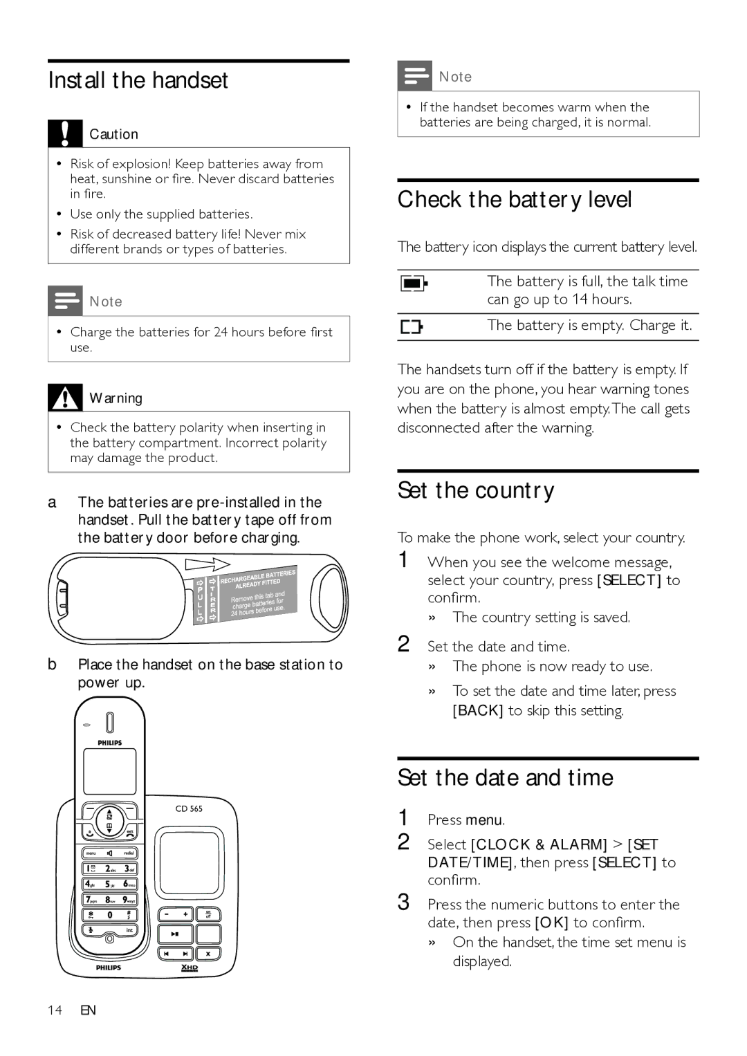 Philips CD560, CD565 user manual Install the handset, Check the battery level, Set the country, Set the date and time 