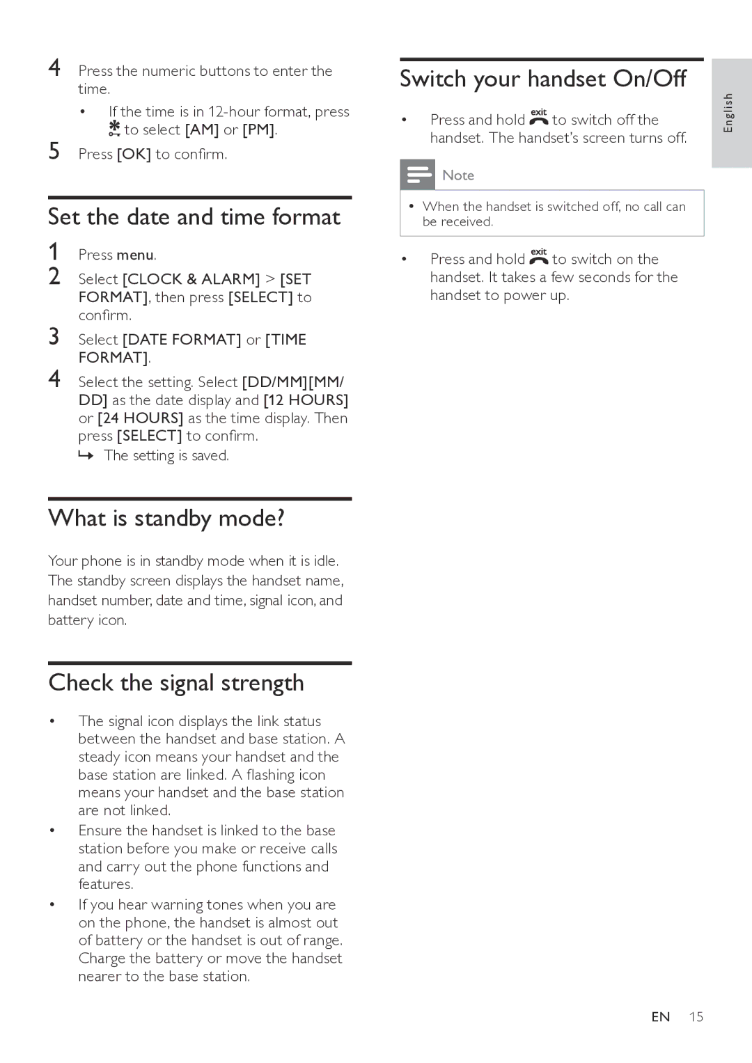 Philips CD565 Set the date and time format, What is standby mode?, Check the signal strength, Switch your handset On/Off 