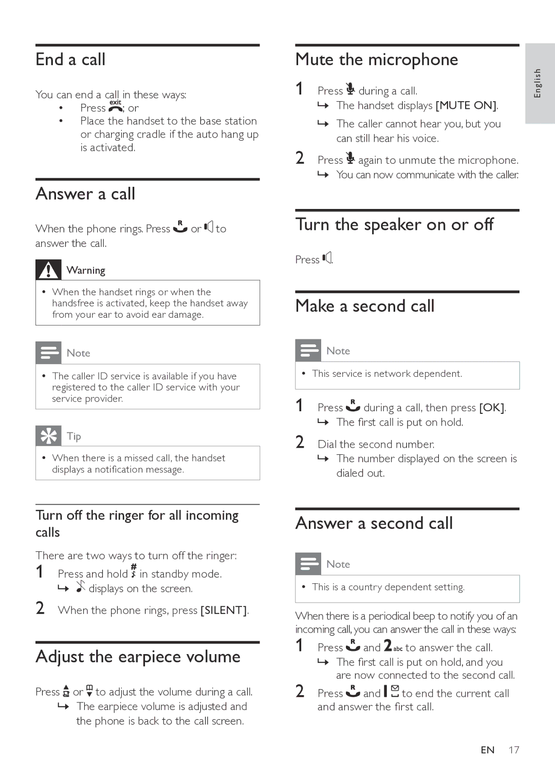 Philips CD565, CD560 End a call, Answer a call, Mute the microphone, Turn the speaker on or off, Make a second call 