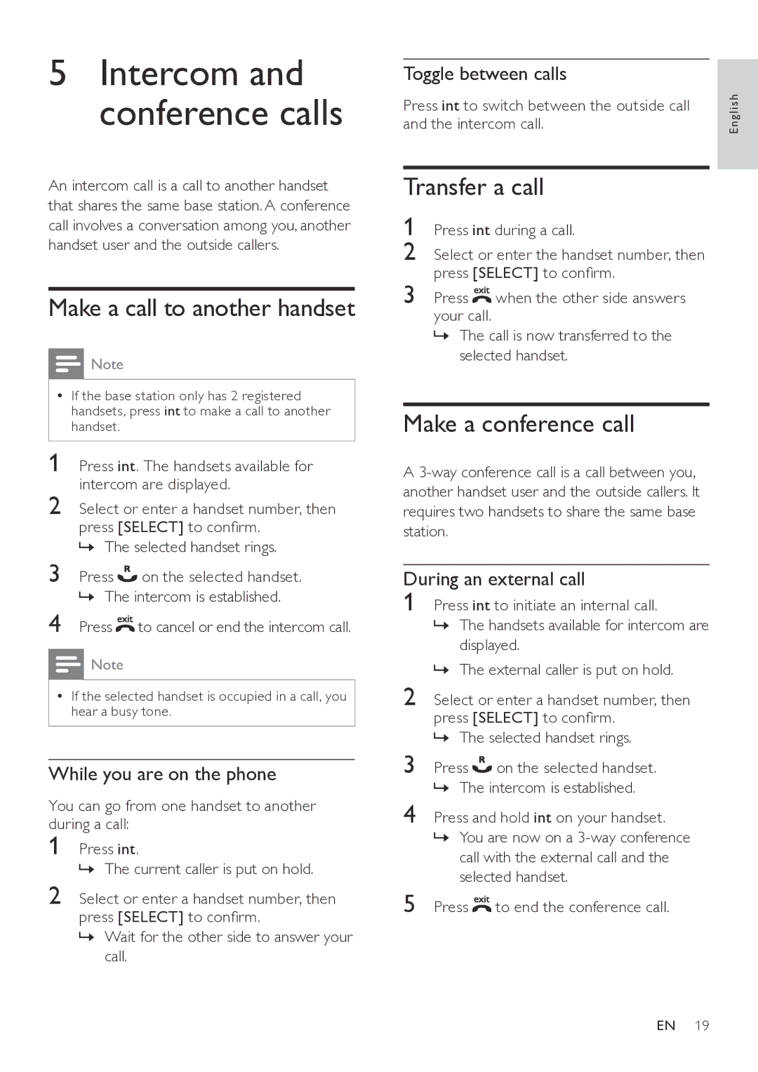 Philips CD565, CD560 Make a call to another handset, Transfer a call, Toggle between calls, During an external call 