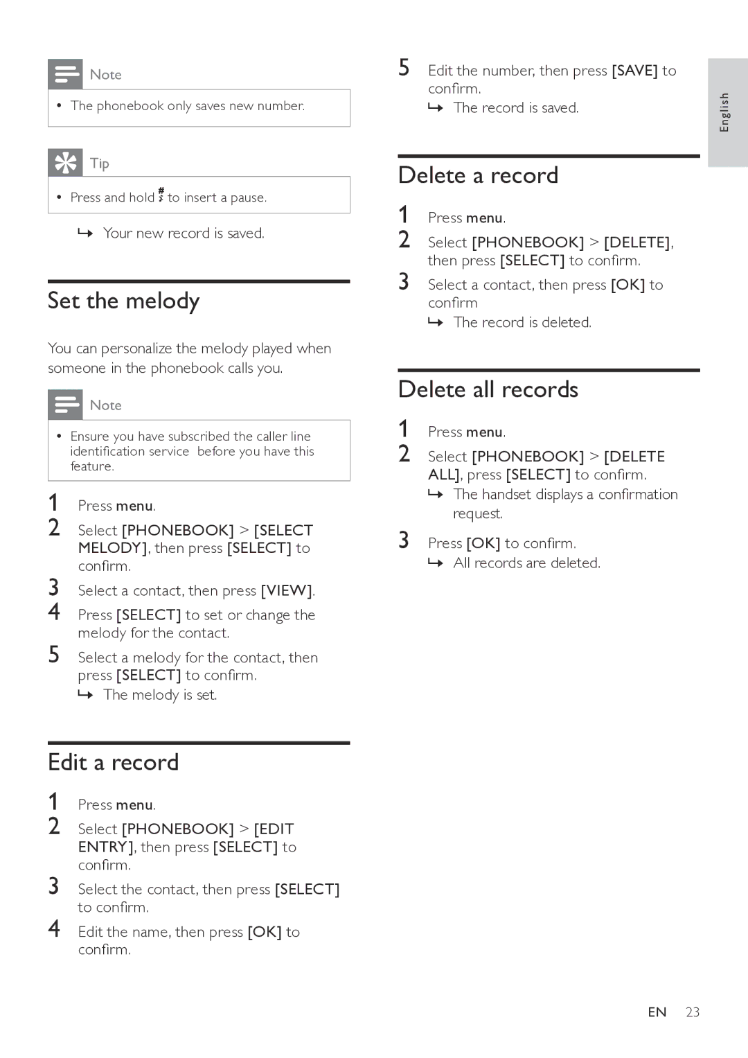 Philips CD565, CD560 user manual Set the melody, Edit a record, Delete a record, Delete all records 