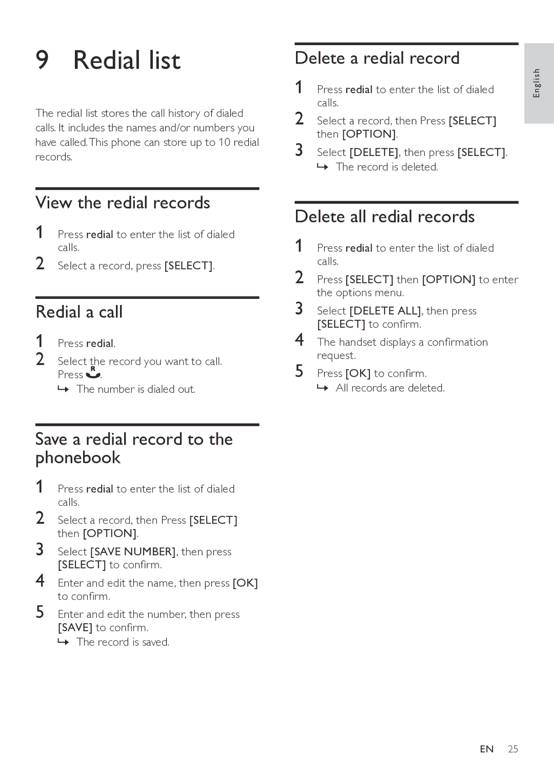 Philips CD565, CD560 user manual Redial list 