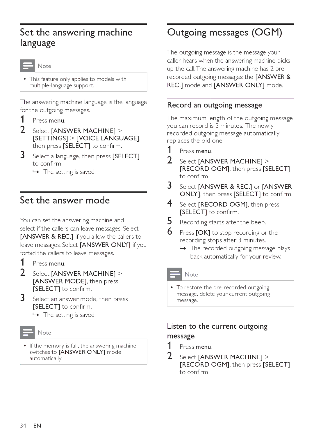 Philips CD560, CD565 Set the answering machine language, Set the answer mode, Forbid the callers to leave messages 