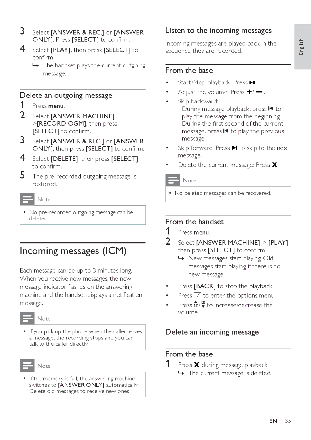 Philips CD565, CD560 user manual Incoming messages ICM, Listen to the incoming messages, From the base 