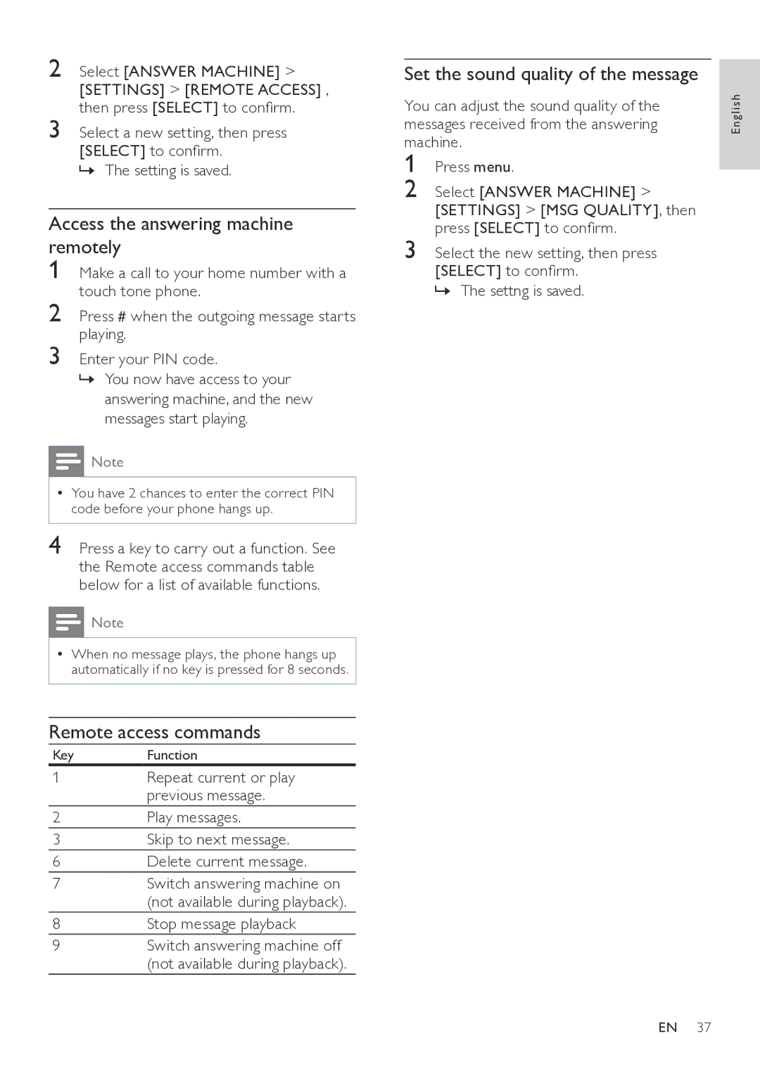 Philips CD565, CD560 user manual Access the answering machine remotely, Remote access commands, Stop message playback 