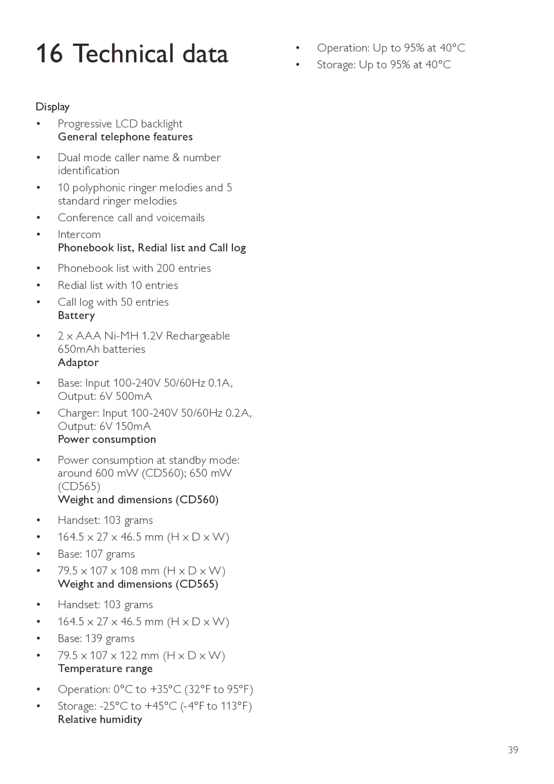 Philips CD565, CD560 user manual Technical data, Display 