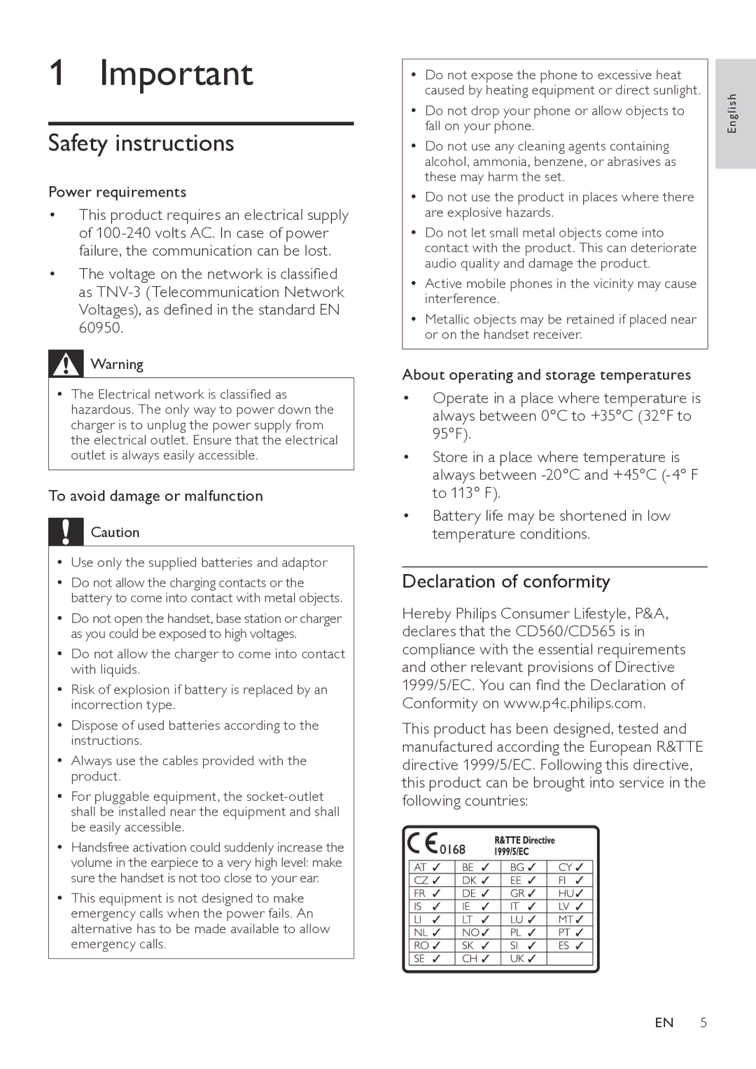 Philips CD565, CD560 Safety instructions, Declaration of conformity, Power requirements, To avoid damage or malfunction 