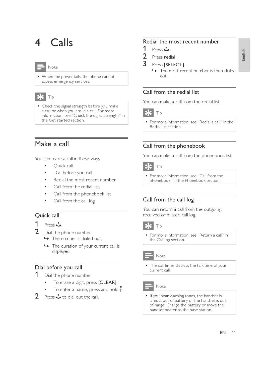 Philips CD560 user manual Calls, Make a call 