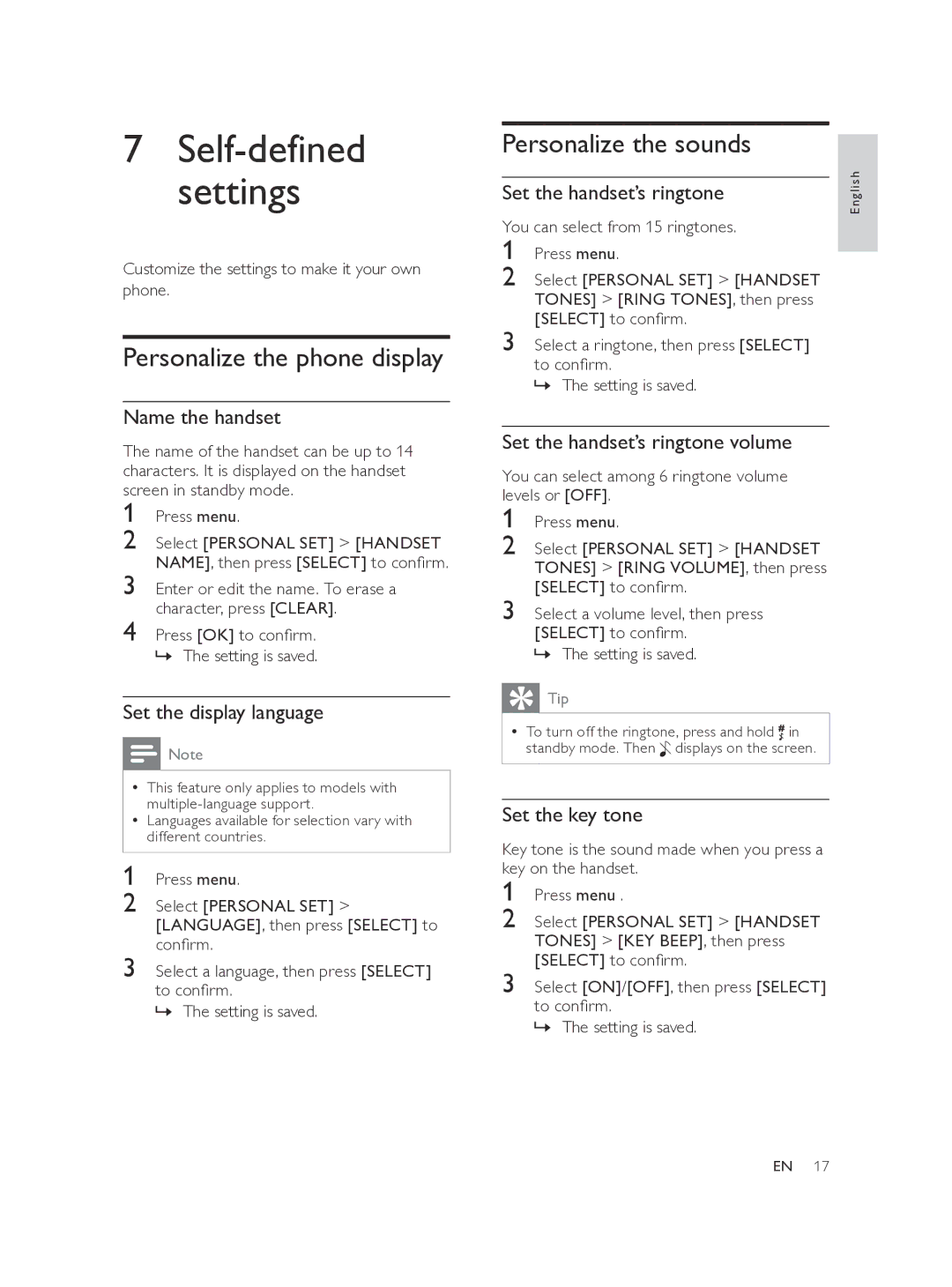 Philips CD560 user manual Select Personal SET LANGUAGE, then press Select to 