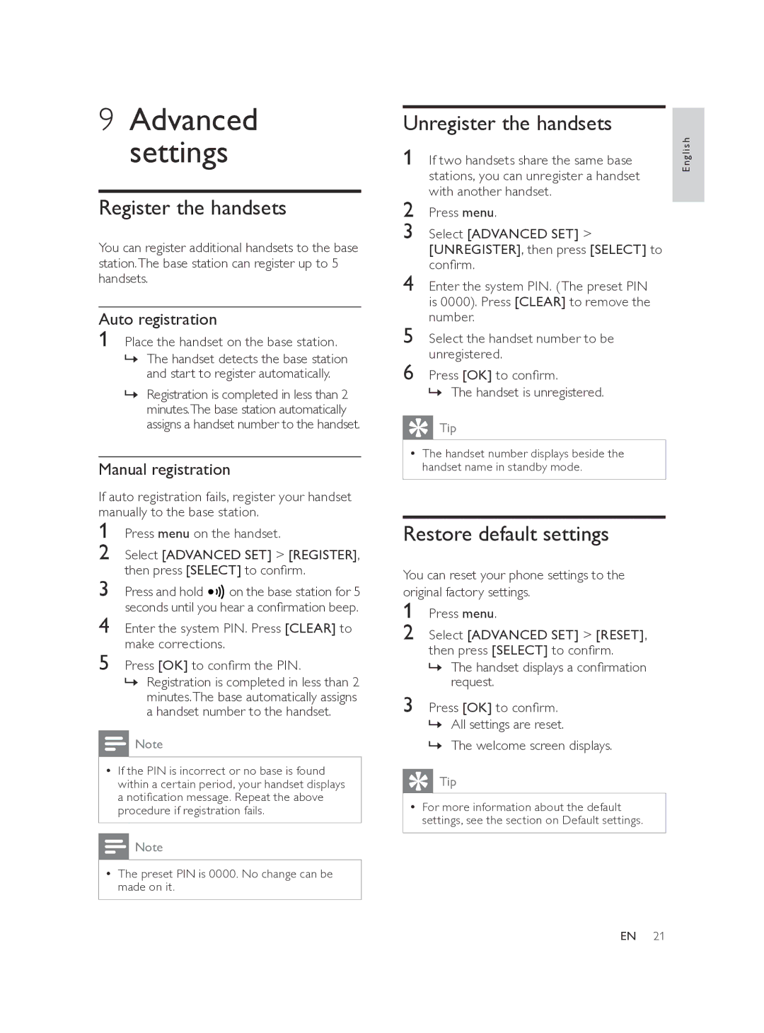 Philips CD560 user manual Register the handsets, Unregister the handsets, Restore default settings, Auto registration 