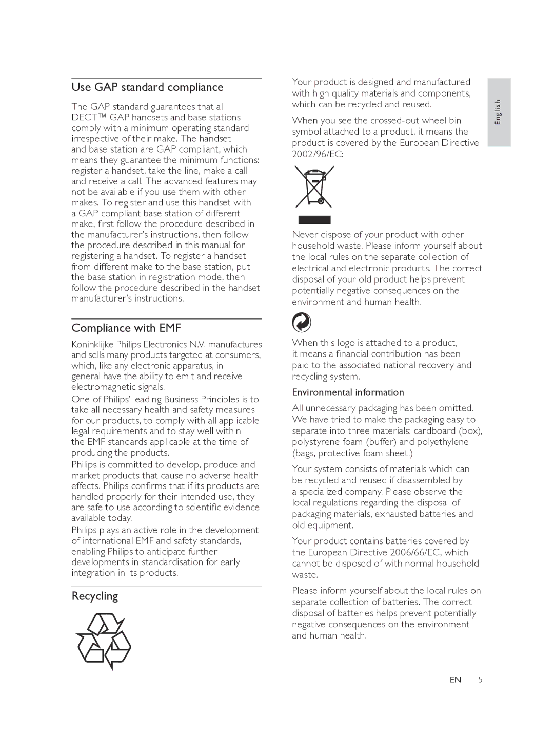 Philips CD560 user manual Use GAP standard compliance, Compliance with EMF, Recycling 