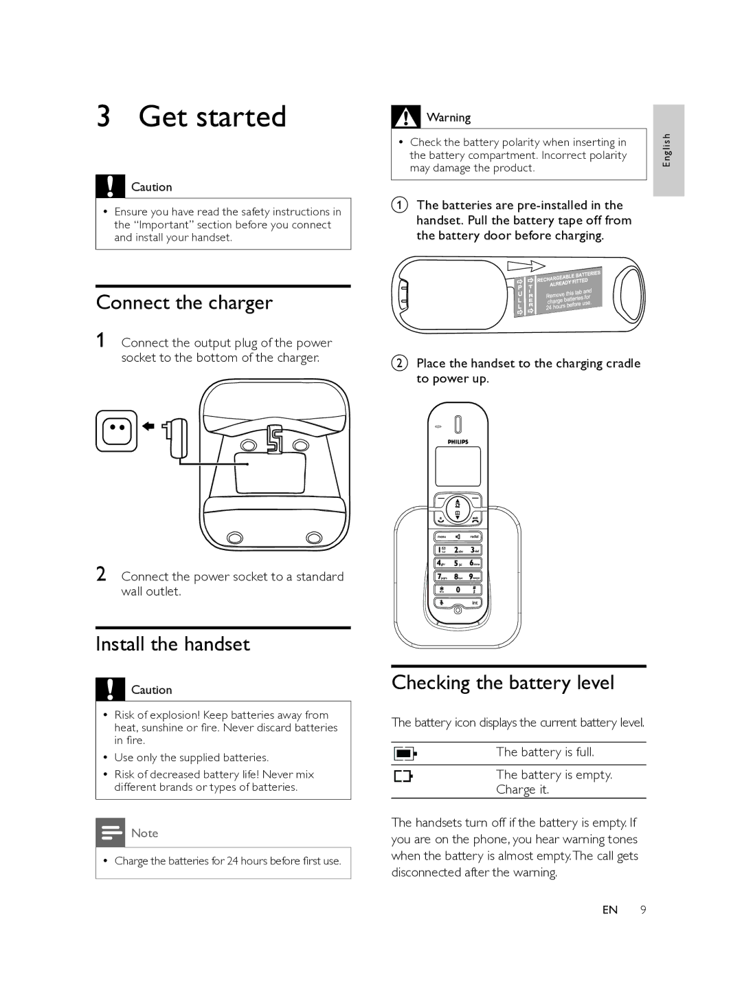 Philips CD560 user manual Get started, Connect the charger, Install the handset, Checking the battery level 