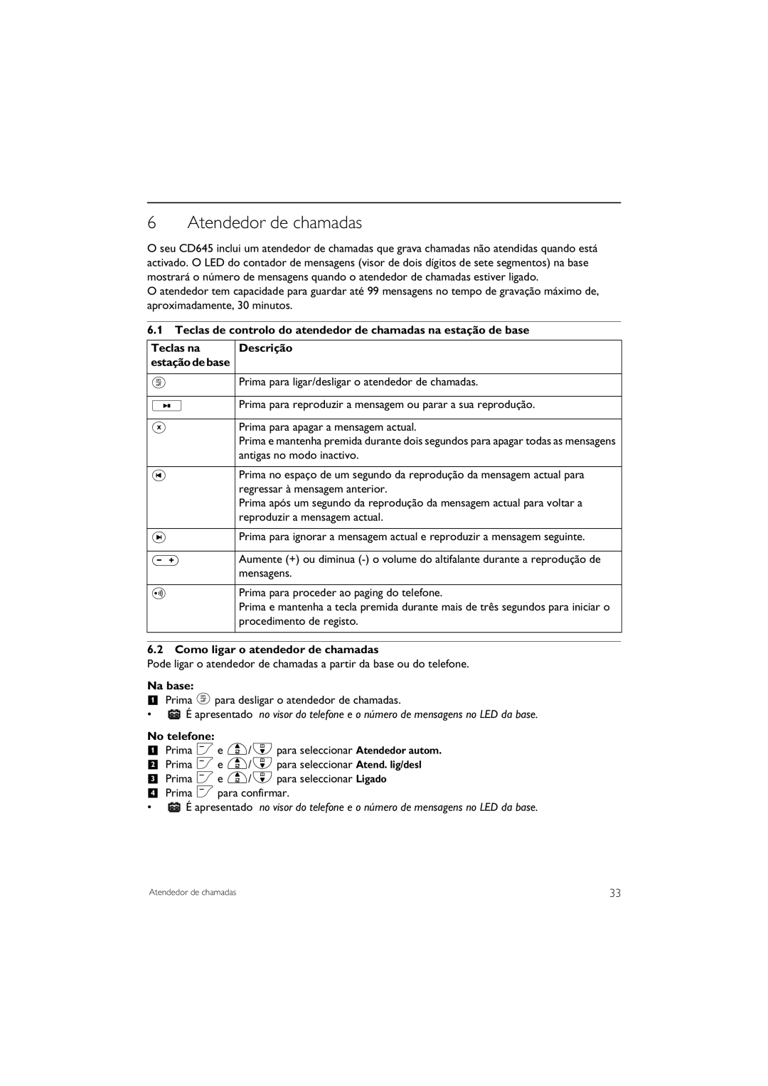 Philips CD645 manual Atendedor de chamadas, Como ligar o atendedor de chamadas, Na base, No telefone 