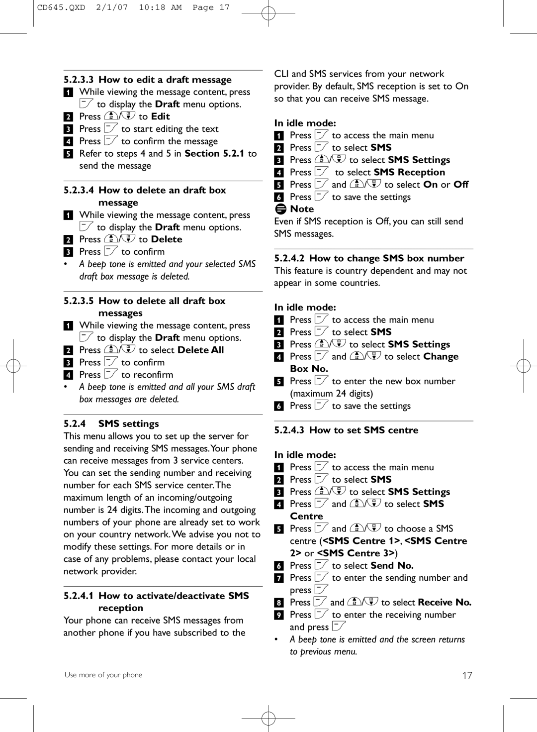 Philips CD645 manual How to edit a draft message, How to delete an draft box message, How to delete all draft box messages 