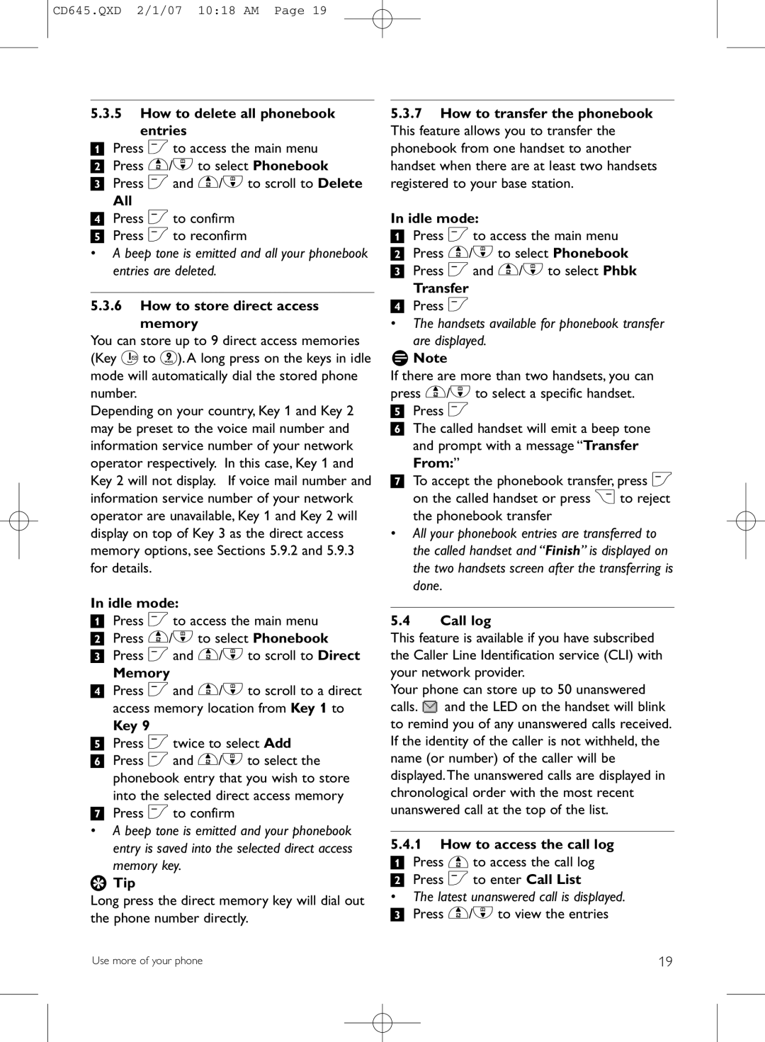 Philips CD645 How to delete all phonebook entries, All, How to store direct access memory, Memory, Key, Transfer, Call log 