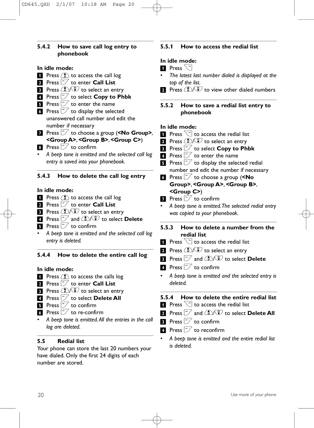Philips CD645 How to save call log entry to phonebook Idle mode, How to delete the call log entry Idle mode, Redial list 
