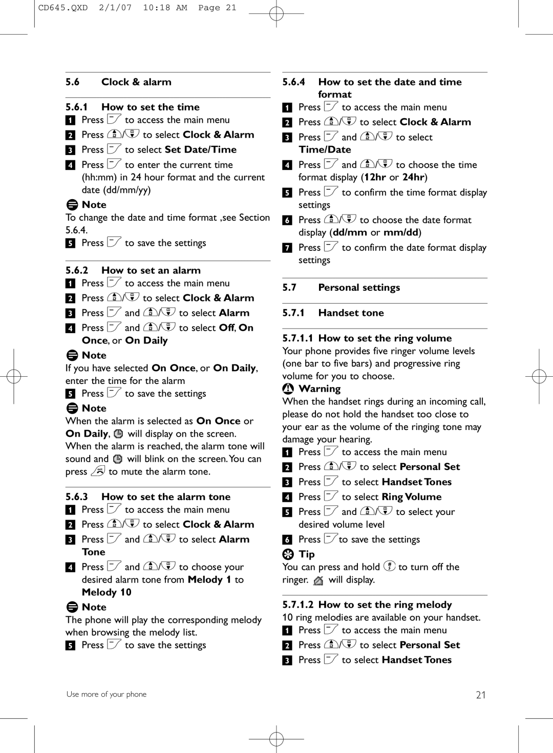Philips CD645 Clock & alarm How to set the time, How to set an alarm, How to set the alarm tone, Tone, Melody, Time/Date 