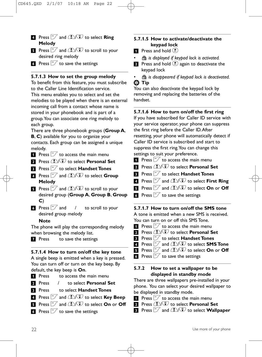 Philips CD645 How to set the group melody, How to activate/deactivate the keypad lock, How to turn on/off the first ring 