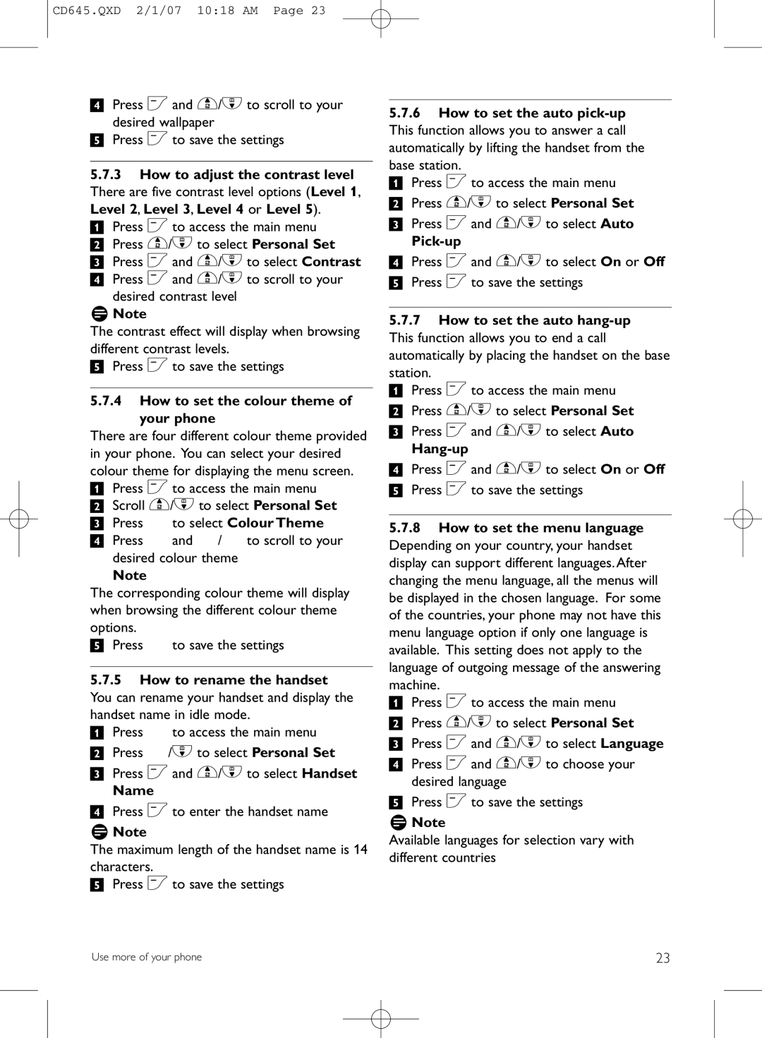 Philips CD645 manual Level 2, Level 3, Level 4 or Level, How to set the colour theme of your phone, Name, Pick-up, Hang-up 