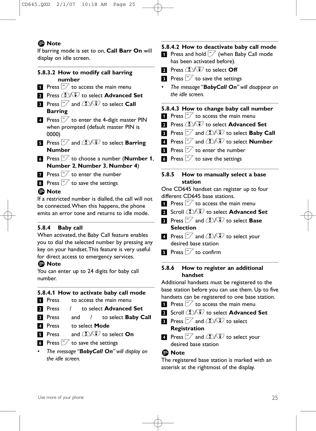 Philips CD645 How to modify call barring number, Barring, Number, Baby call, How to activate baby call mode, Selection 