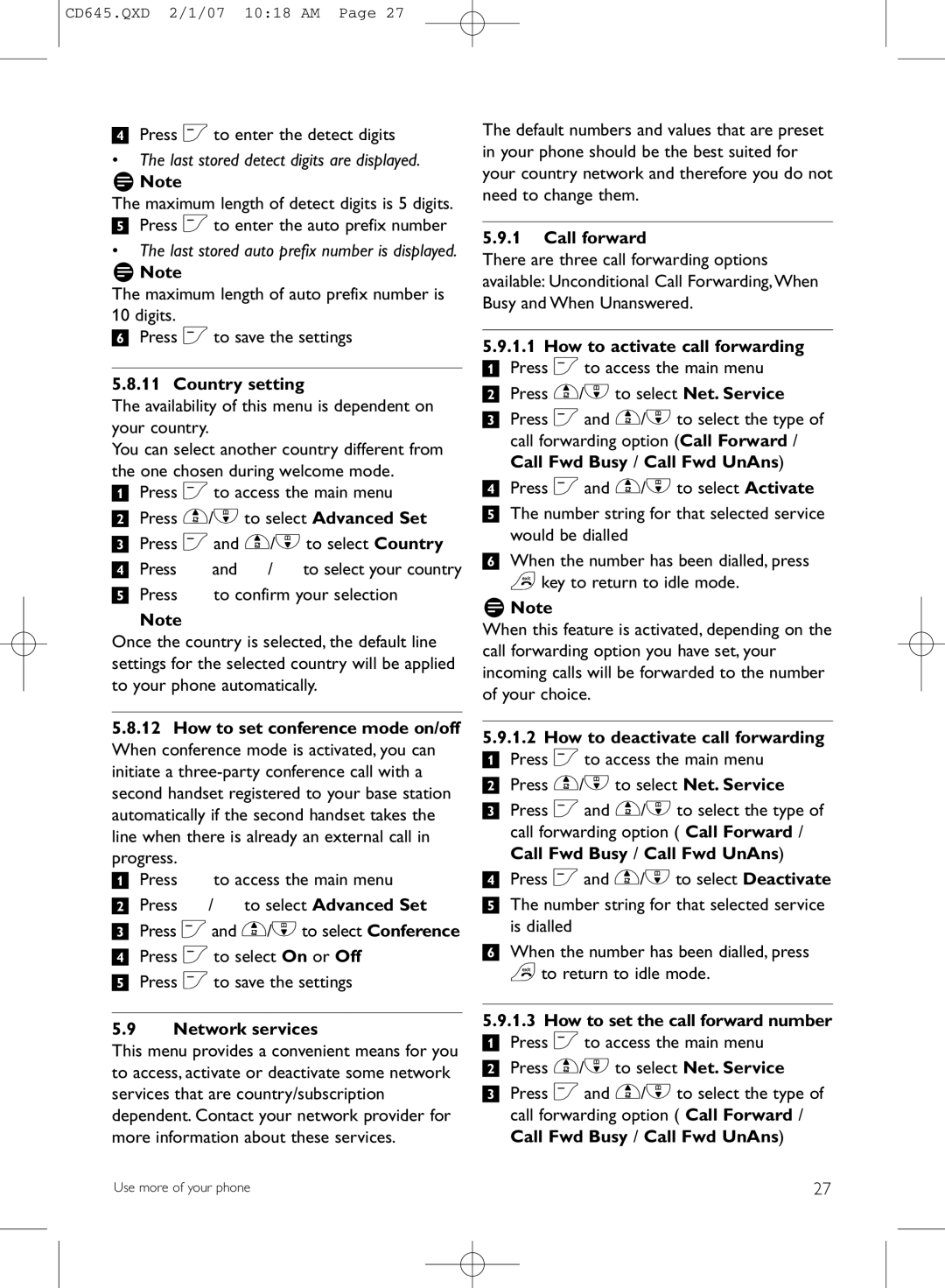 Philips CD645 manual Country setting, Network services, Call forward, How to activate call forwarding 