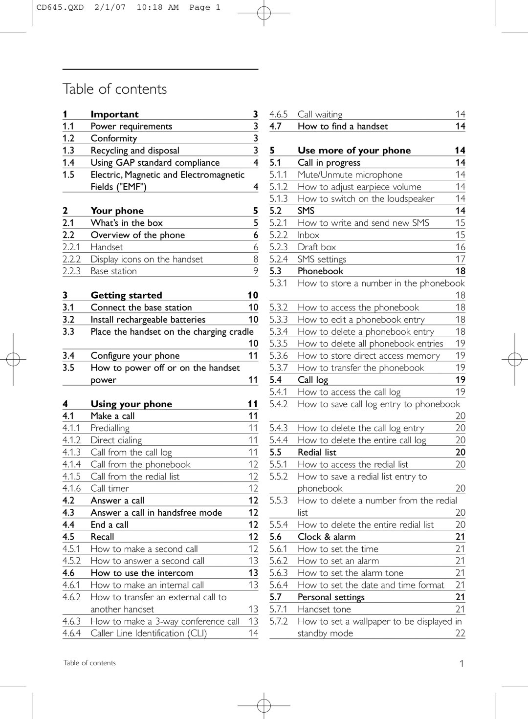 Philips CD645 manual Table of contents 