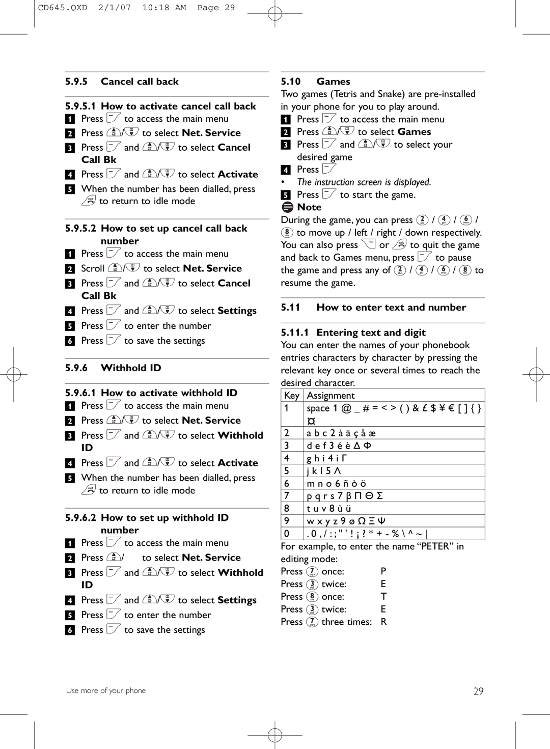 Philips CD645 Cancel call back How to activate cancel call back, Call Bk, How to set up cancel call back number, Games 