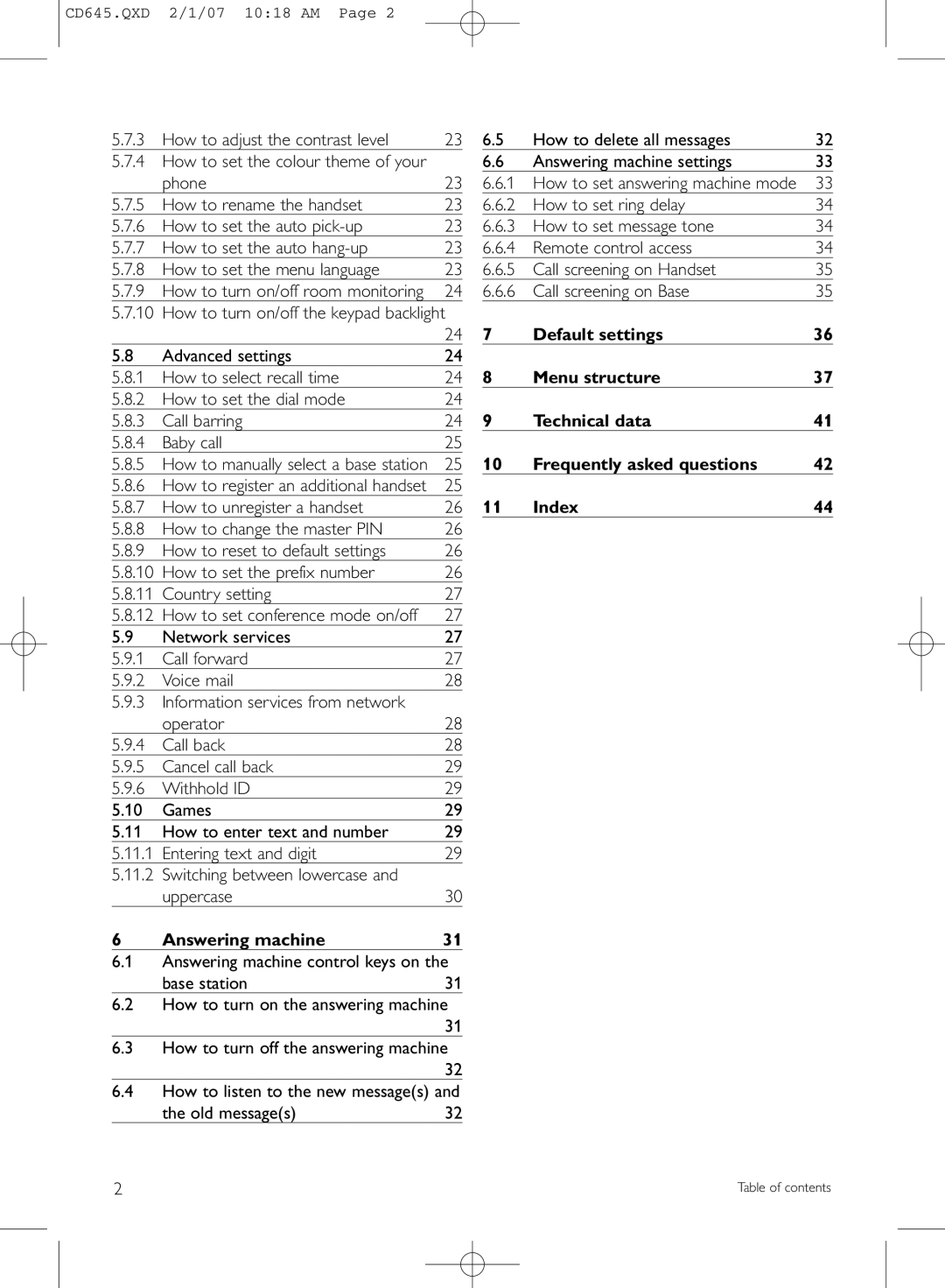 Philips CD645 manual Default settings, Menu structure, Technical data, Frequently asked questions, Index, Answering machine 