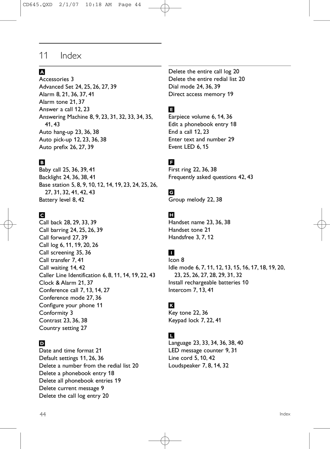 Philips CD645 manual Index 