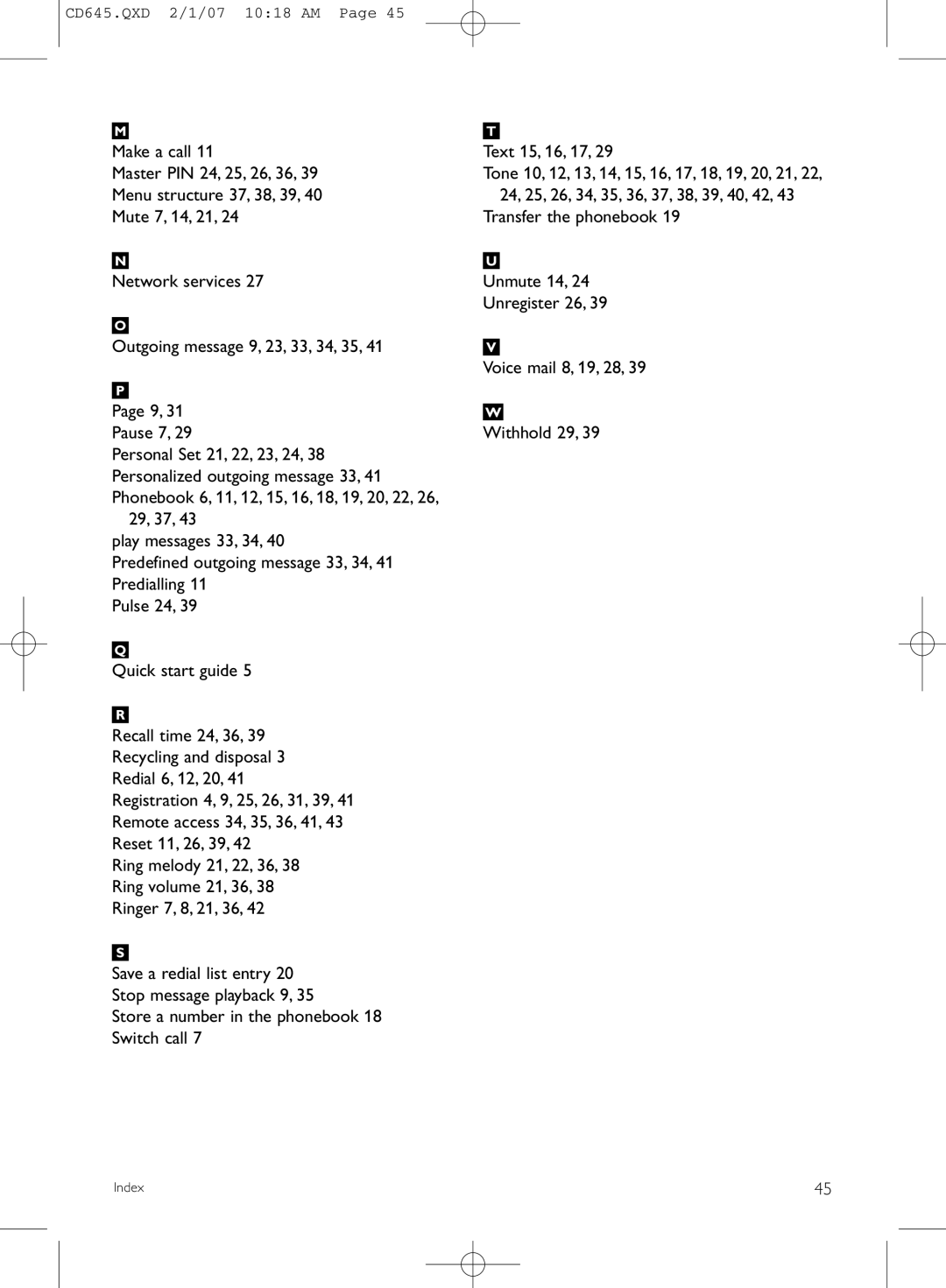 Philips CD645 manual Make a call Text 15, 16, 17 Master PIN 24, 25, 26, 36, Menu structure 37, 38, 39 