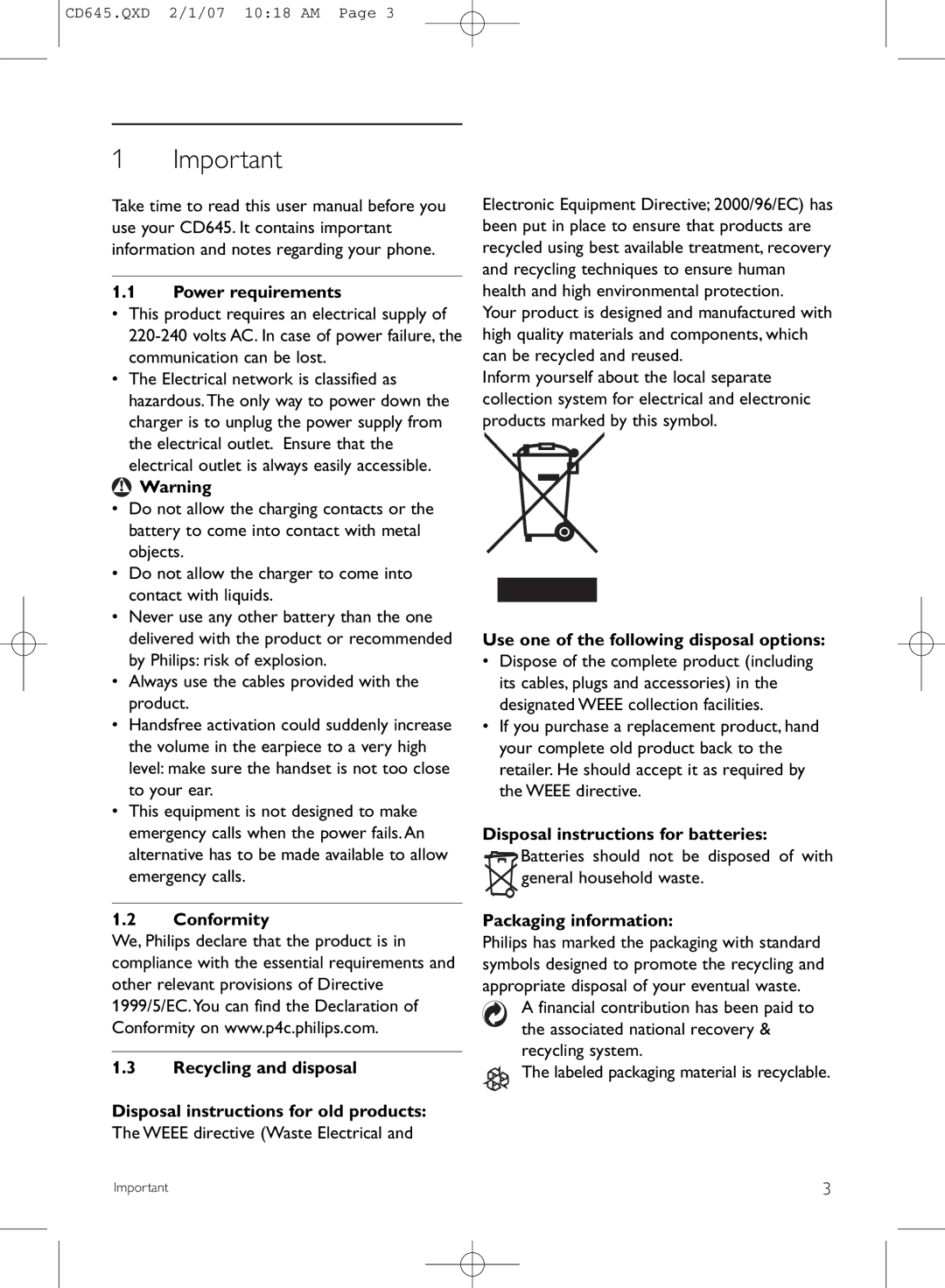 Philips CD645 manual Power requirements, Weee directive Waste Electrical, Use one of the following disposal options 