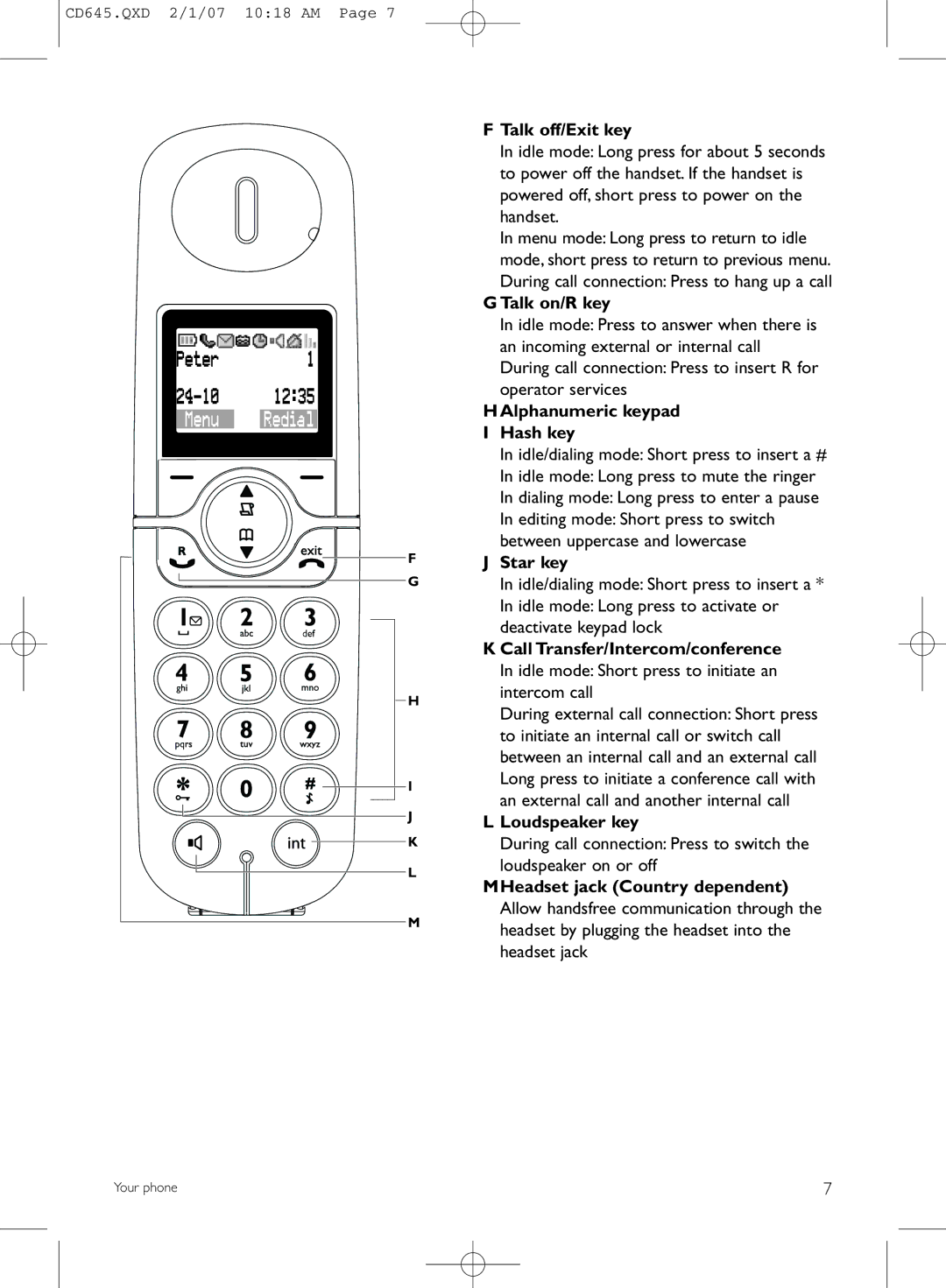 Philips CD645 manual Talk off/Exit key, GTalk on/R key, HAlphanumeric keypad, Hash key, Star key, Loudspeaker key 