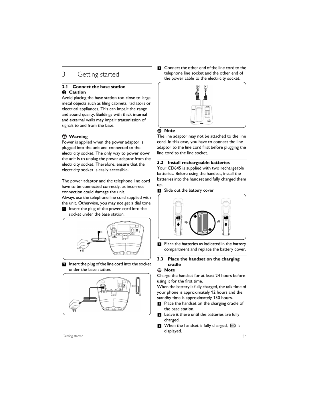 Philips CD6452B manual Getting started, Connect the base station Caution, Install rechargeable batteries 