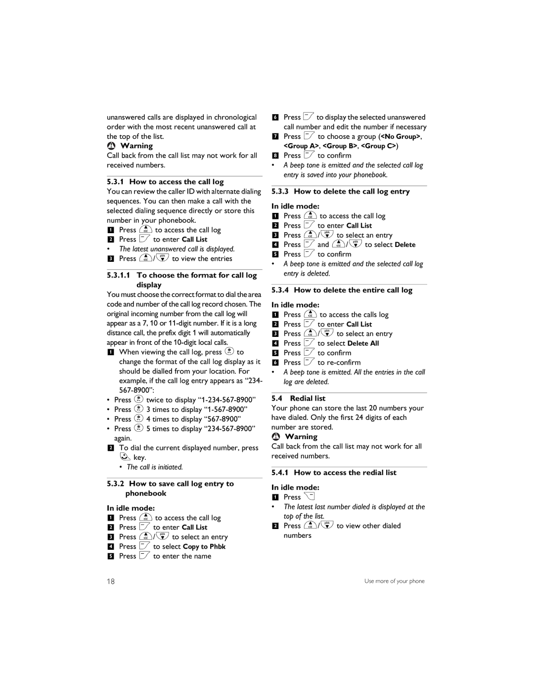 Philips CD6452B manual How to access the call log, To choose the format for call log display, Redial list 