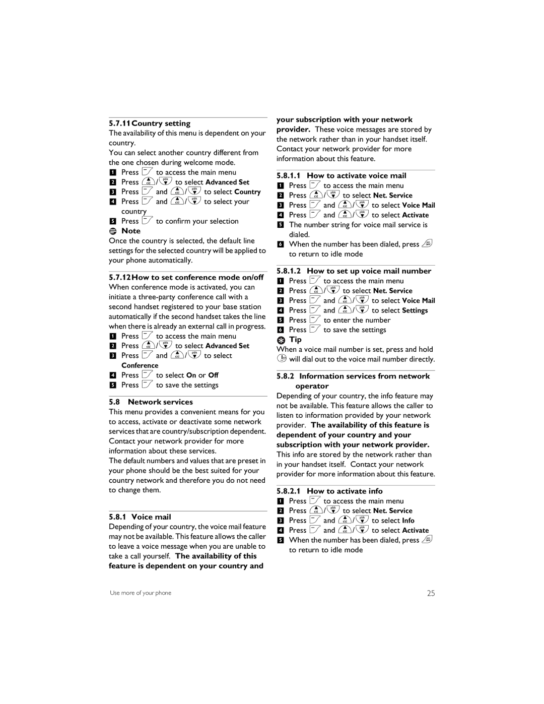 Philips CD6452B 11Country setting, 12How to set conference mode on/off, Network services, Voice mail, How to activate info 