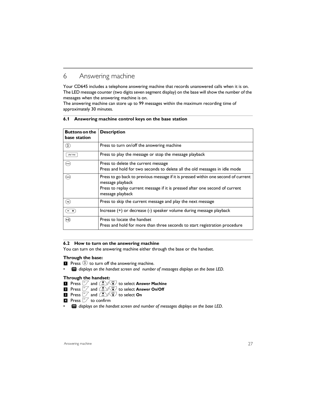 Philips CD6452B manual Answering machine, How to turn on the answering machine, Through the base, Through the handset 