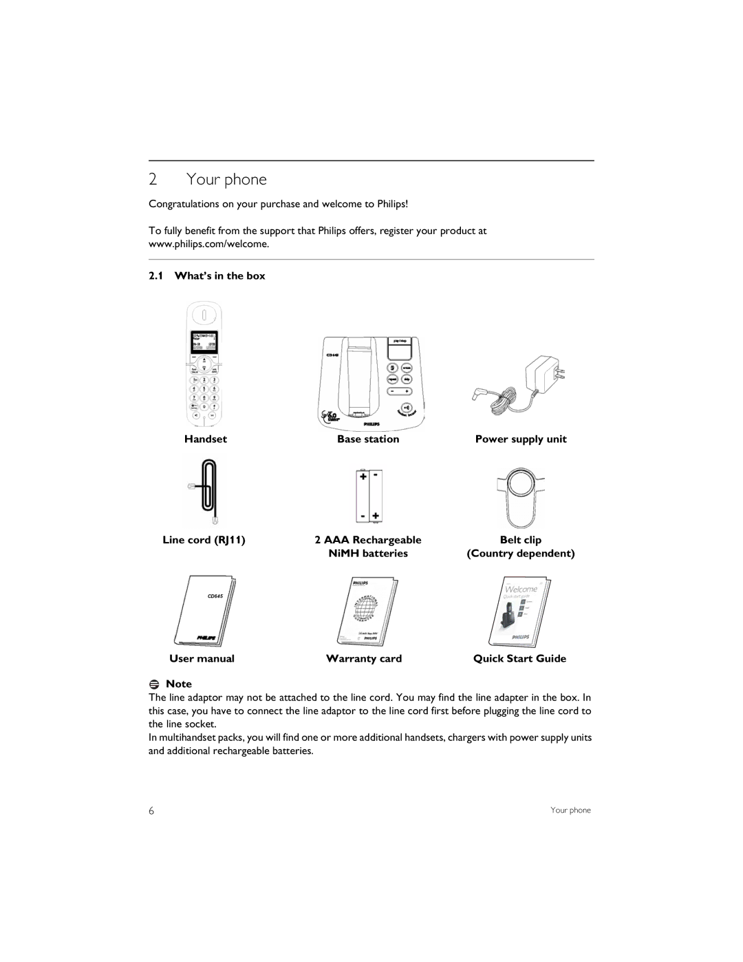 Philips CD6452B manual Your phone, Congratulations on your purchase and welcome to Philips, Warranty card Quick Start Guide 