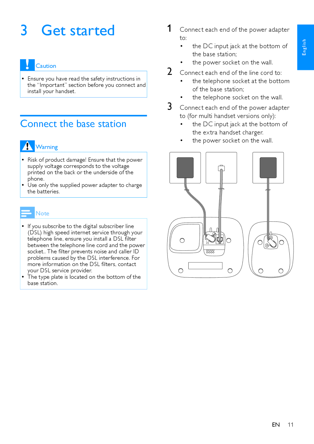 Philips CD680, CD685 user manual Get started, Connect the base station 