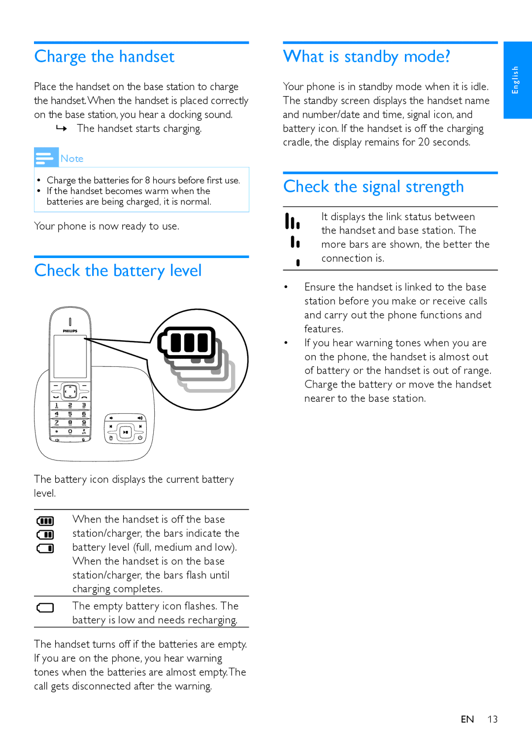 Philips CD680, CD685 Charge the handset, Check the battery level, What is standby mode?, Check the signal strength 