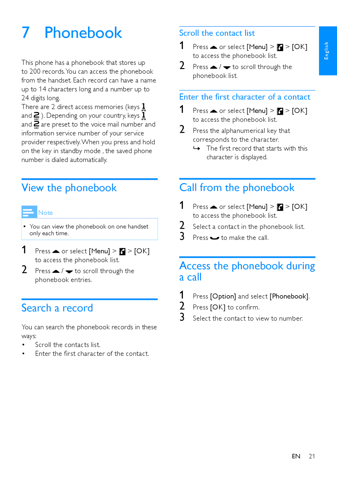 Philips CD680 Phonebook, View the phonebook, Search a record, Call from the phonebook, Access the phonebook during a call 