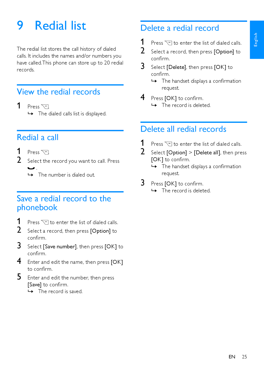 Philips CD680, CD685 user manual Redial list 