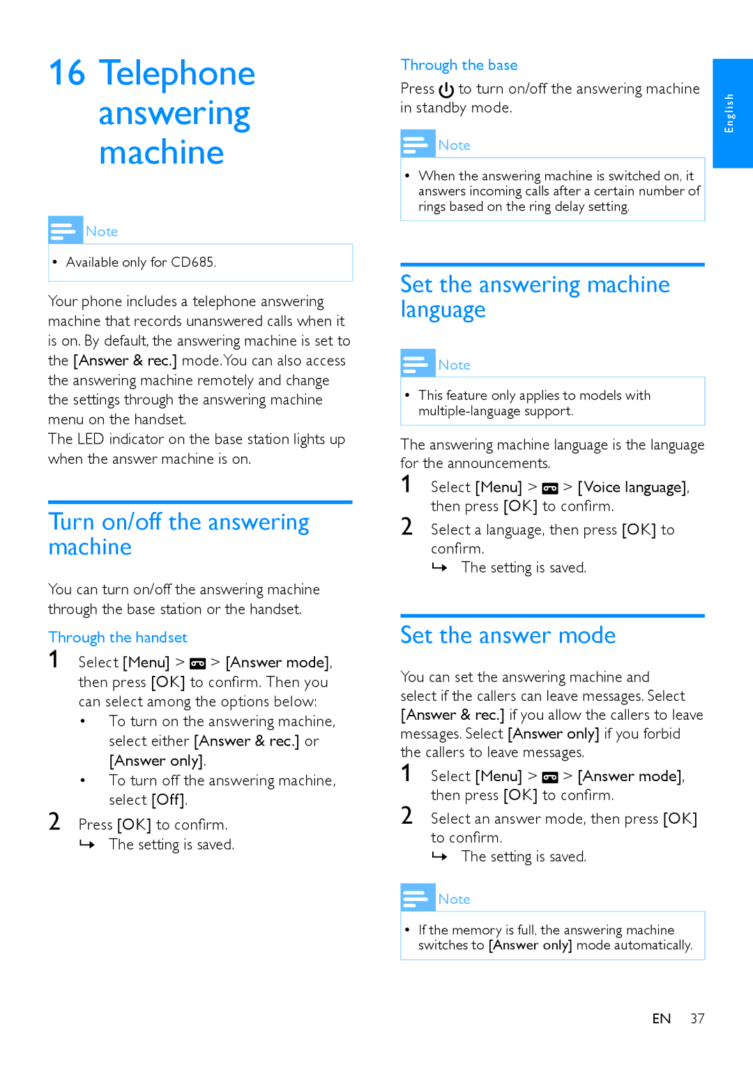 Philips CD680, CD685 user manual Turn on/off the answering machine, Set the answering machine language, Set the answer mode 