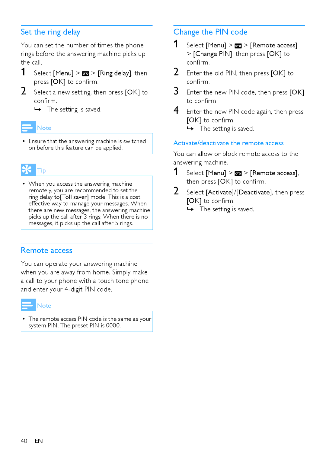 Philips CD685, CD680 user manual Set the ring delay, Remote access, Change the PIN code 